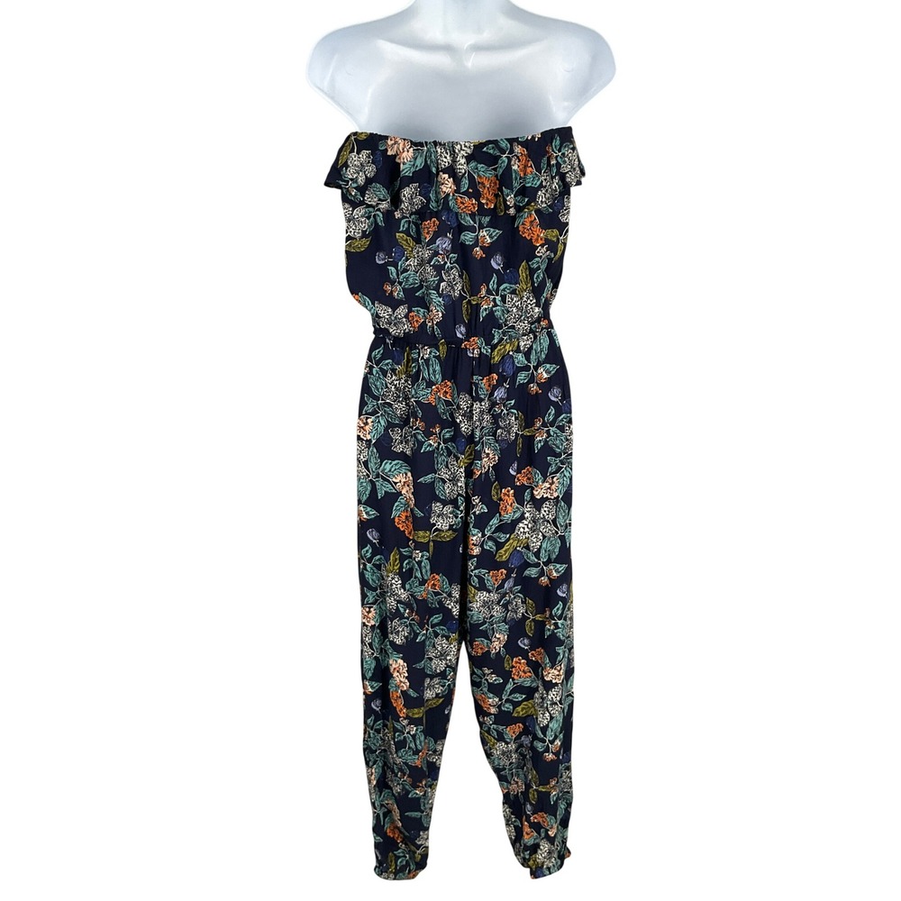 Angie Jumpsuit Women M Navy Floral Strapless Ruffle Bohemian Botanical Romantic - Picture 2 of 15